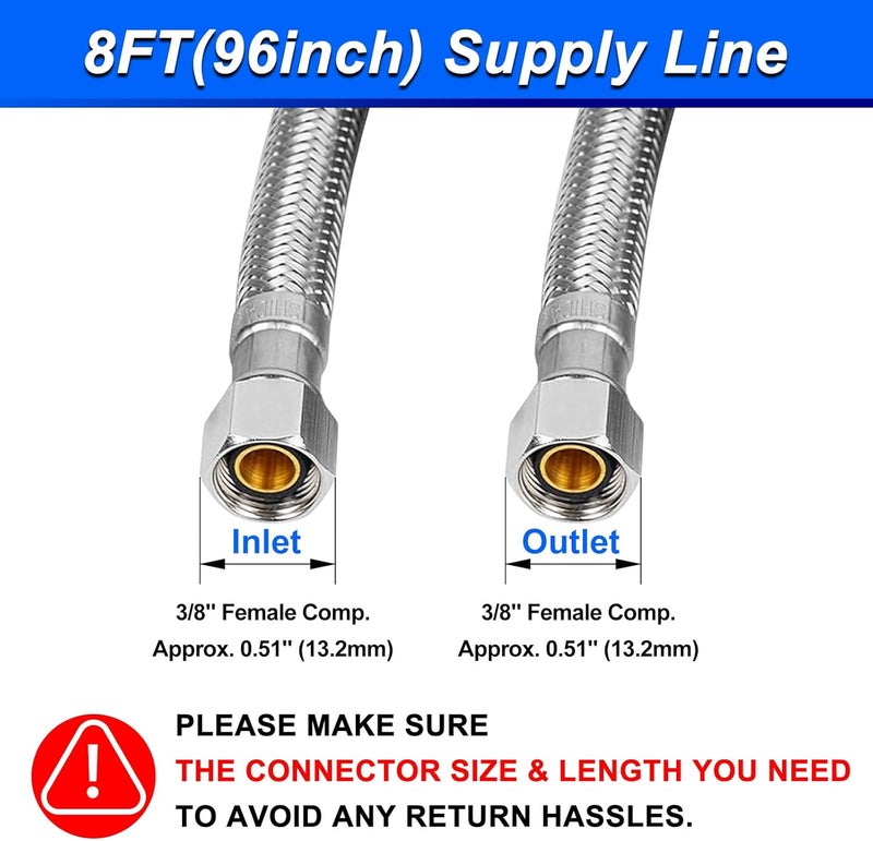 SPUREST 8FT Stainless Steel Braided Water Supply Line for Dishwasher, Brass 3/8 Inch Compression x 3/8 Inch Compression Connections, Food Grade PEX Inner Tube Water Hose - Image 4